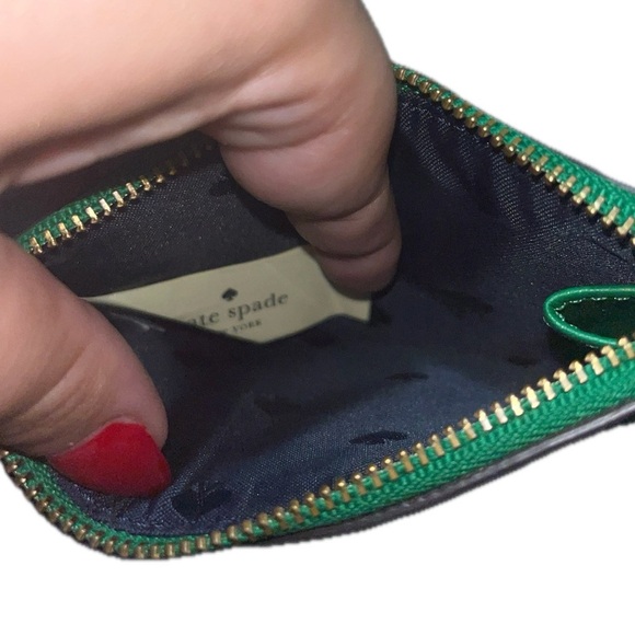 Navy, Green & White Kate Spade Leather Card Holder, Gold Zipper & Silver Accents - Picture 10 of 16